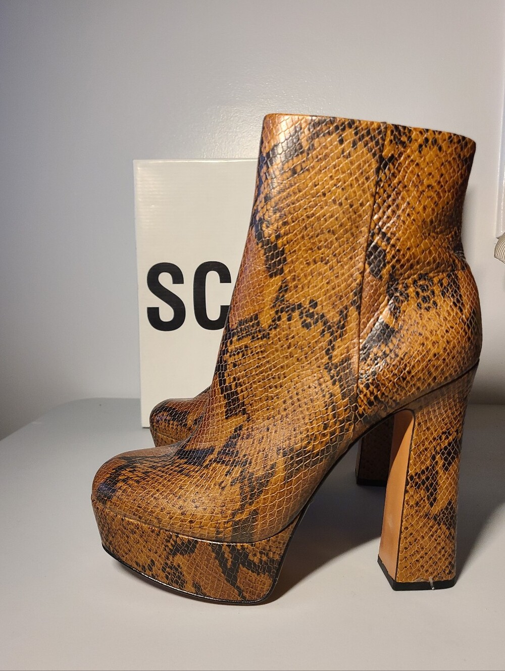 Schutz Ravena Platform Bootie Womens Snake Embossed Leather Heel Boot Size 9B